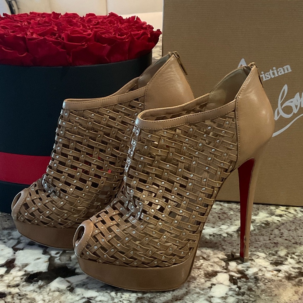 Christian Louboutin Brown Woven Peep-Toe Heels